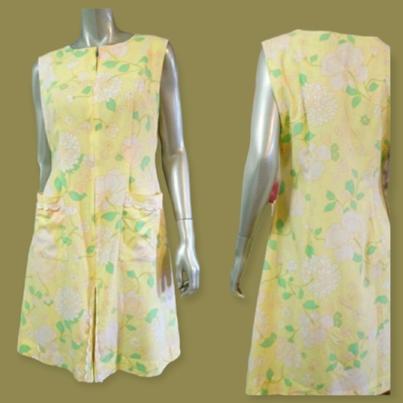 Vintage 1960s Bill Simms Sleeveless Mod Shaker Square Floral Shift Dress Large - Picture 7 of 11